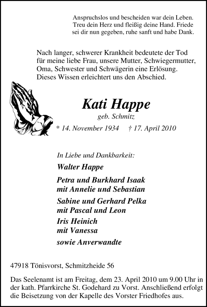  Traueranzeige für Kati Happe vom 21.04.2010 aus Tageszeitung