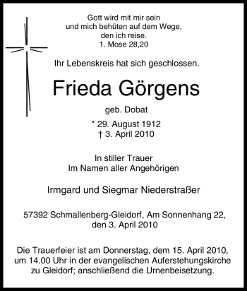 Traueranzeige von Frieda Görgens von Tageszeitung