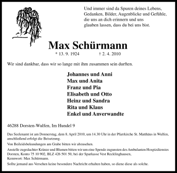 Traueranzeige von Max Schürmann von Tageszeitung