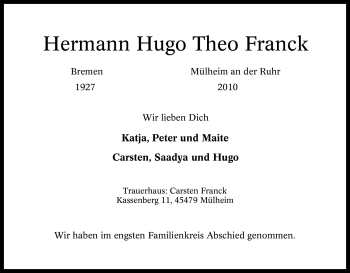 Traueranzeige von Hermann Hugo Theo Franck von Tageszeitung