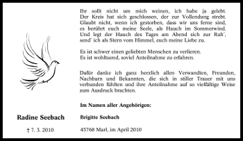 Traueranzeige von Radine Seebach von Tageszeitung