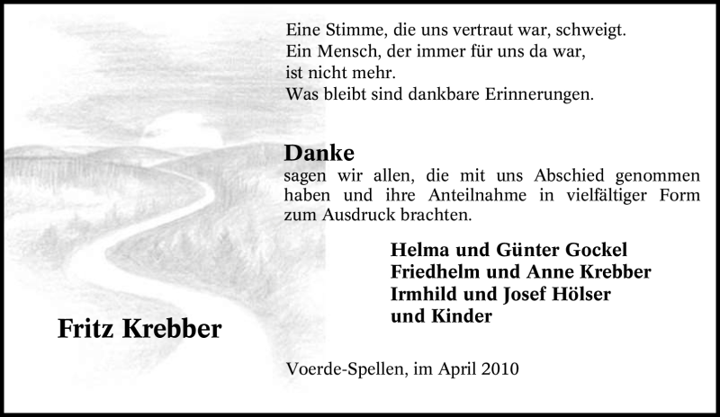  Traueranzeige für Fritz Krebber vom 03.04.2010 aus Tageszeitung