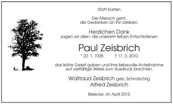 Traueranzeige von Paul Zeisbrich von Tageszeitung