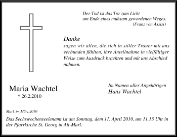 Traueranzeige von Maria Wachtel von Tageszeitung