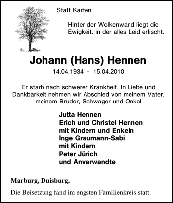 Traueranzeige von Johann Hennen von Tageszeitung