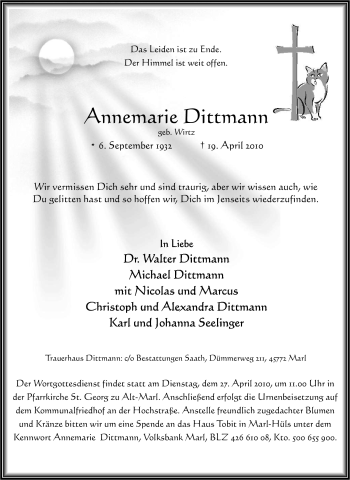 Traueranzeige von Annemarie Dittmann von Tageszeitung