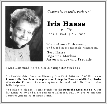 Traueranzeige von Iris Haase von Tageszeitung