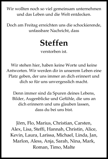 Traueranzeige von Steffen Unbekannt von Tageszeitung