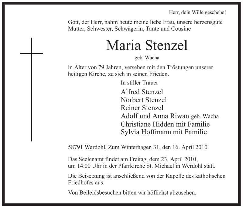  Traueranzeige für Maria Stenzel vom 20.04.2010 aus Tageszeitung