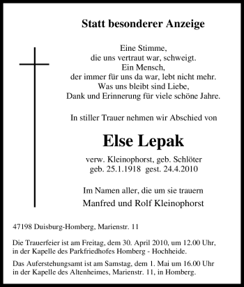 Traueranzeige von Else Lepak von Tageszeitung