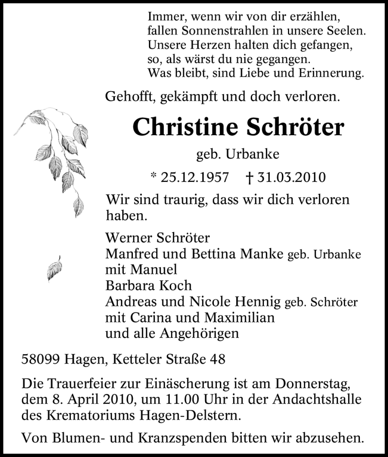  Traueranzeige für Christine Schröter vom 01.04.2010 aus Tageszeitung