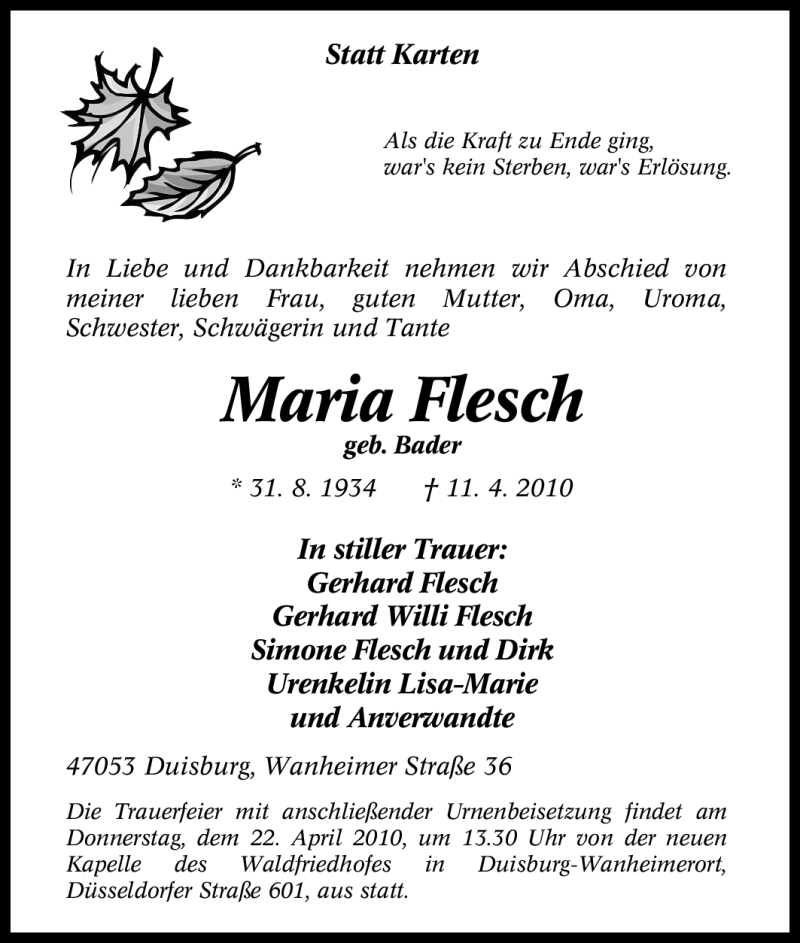  Traueranzeige für Maria Flesch vom 17.04.2010 aus Tageszeitung