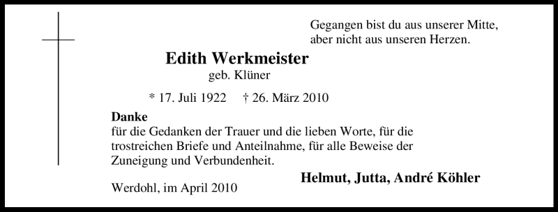 Traueranzeige für Edith Werkmeister vom 23.04.2010 aus Tageszeitung