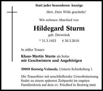 Traueranzeige von Hildegard Sturm von Tageszeitung