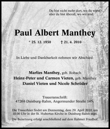 Traueranzeige von Paul Albert Manthey von Tageszeitung