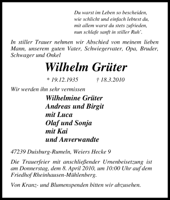 Traueranzeige von Wilhelm Grüter von Tageszeitung