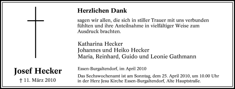  Traueranzeige für Josef Hecker vom 19.04.2010 aus Tageszeitung