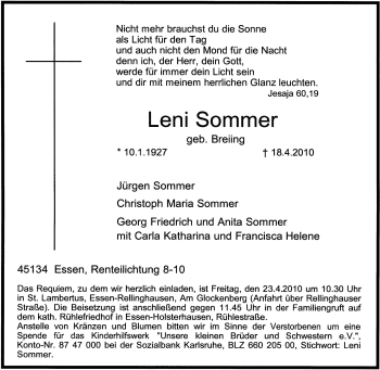 Traueranzeige von Leni Sommer von Tageszeitung