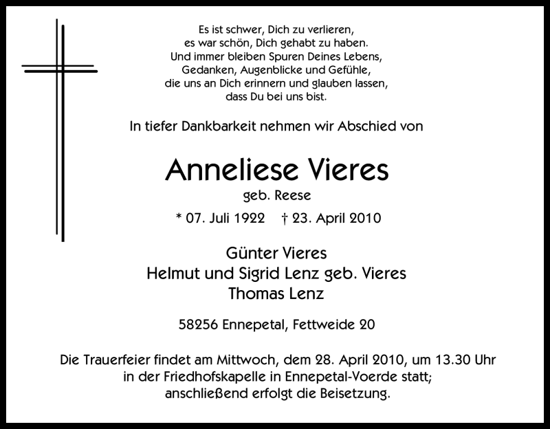  Traueranzeige für Anneliese Vieres vom 26.04.2010 aus Tageszeitung