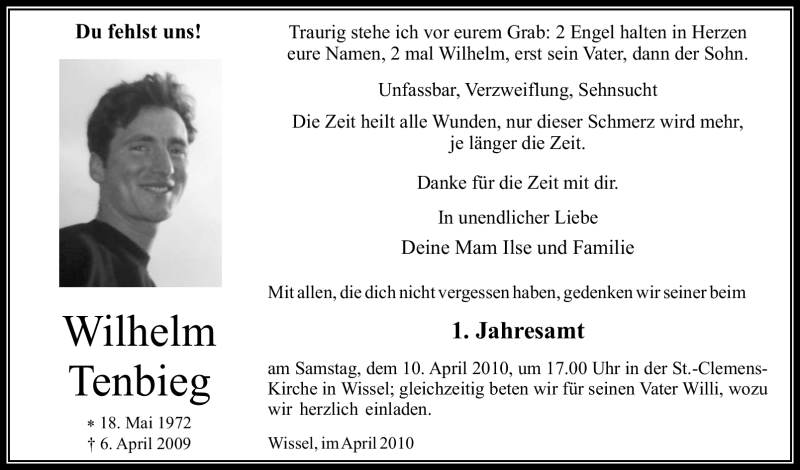  Traueranzeige für Wilhelm Tenbieg vom 06.04.2010 aus Tageszeitung