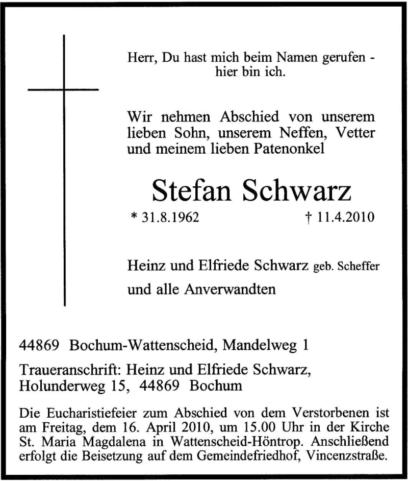 Traueranzeige für Stefan Schwarz vom 14.04.2010 aus Tageszeitung