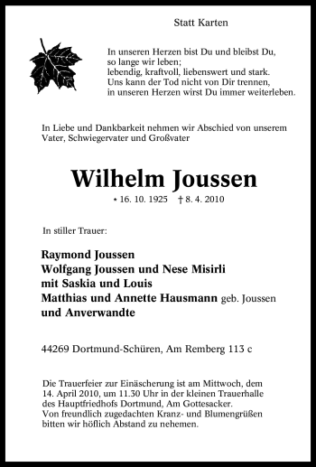 Traueranzeige von Wilhelm Joussen von Tageszeitung