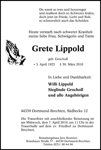 Traueranzeige von Grete Lippold von Tageszeitung