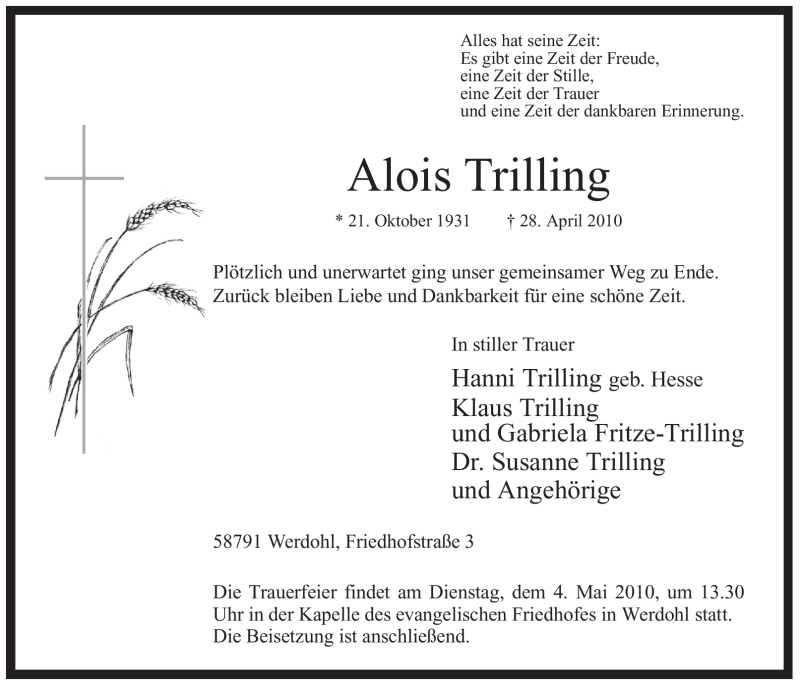  Traueranzeige für Alois Trilling vom 30.04.2010 aus Tageszeitung