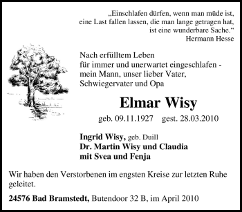 Traueranzeige von Elmar Wisy von Tageszeitung