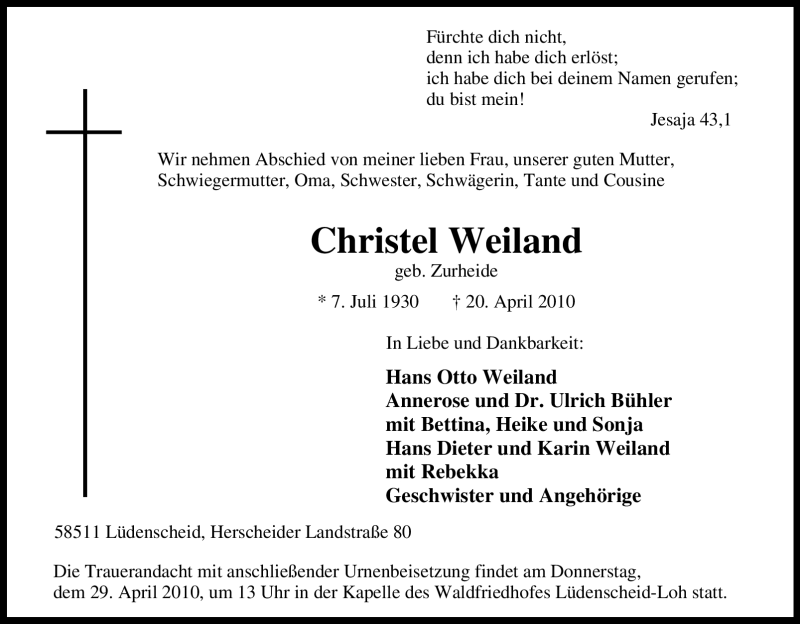  Traueranzeige für Christel Weiland vom 24.04.2010 aus Tageszeitung