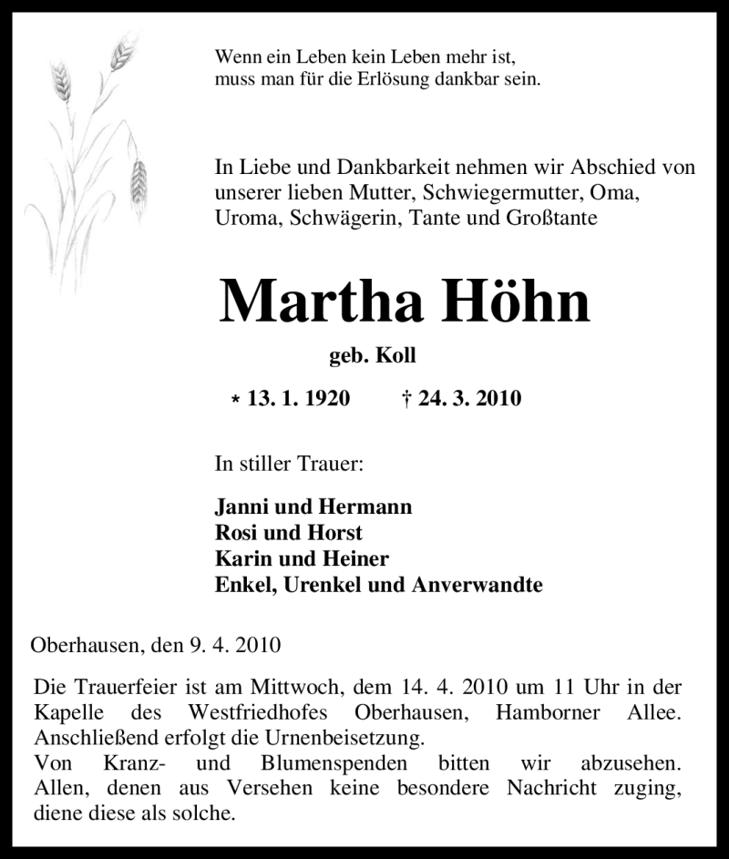  Traueranzeige für Martha Höhn vom 09.04.2010 aus Tageszeitung