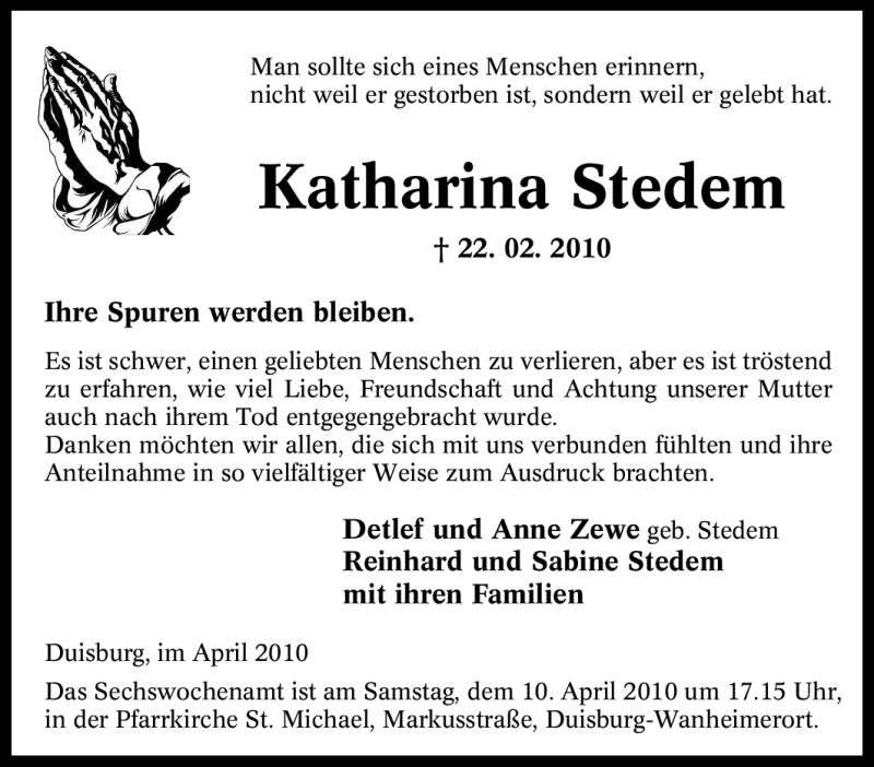  Traueranzeige für Katharina Stedem vom 06.04.2010 aus Tageszeitung