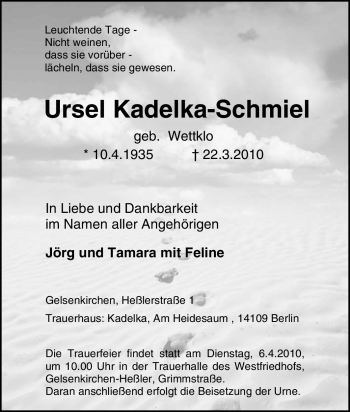 Traueranzeige von Ursel Kadelka-Schmiel von Tageszeitung