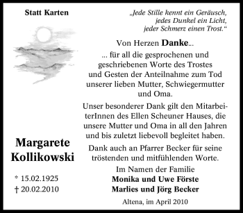 Traueranzeige von Margarete Kollikowski von Tageszeitung