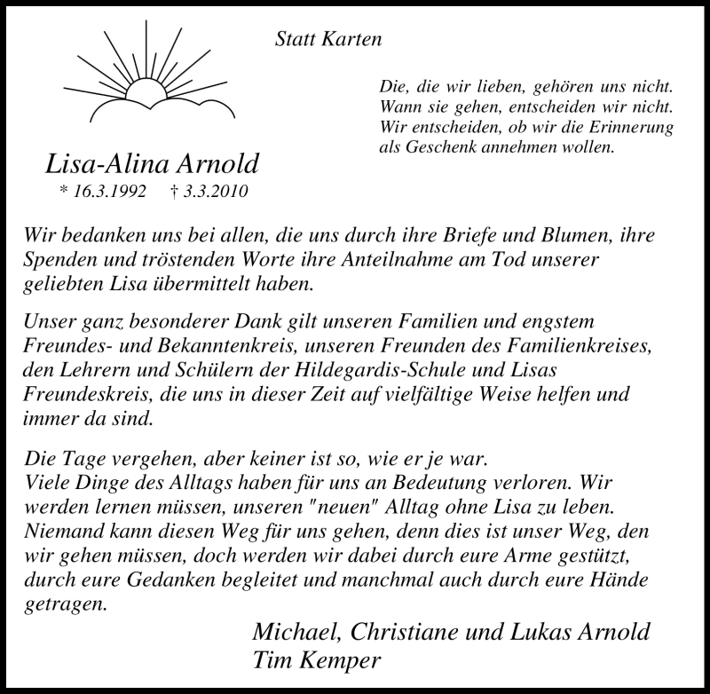  Traueranzeige für Lisa-Alina Arnold vom 24.04.2010 aus Tageszeitung