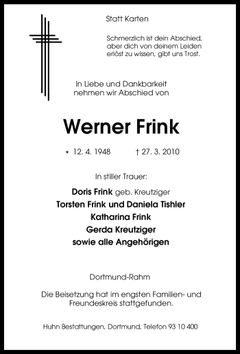 Traueranzeige von Werner Frink von Tageszeitung