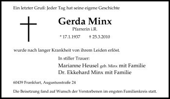 Traueranzeige von Gerda Minx von Tageszeitung