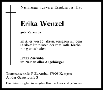Traueranzeige von Erika Wenzel von Tageszeitung