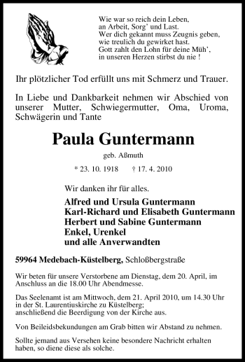 Traueranzeige von Paula Guntermann von Tageszeitung
