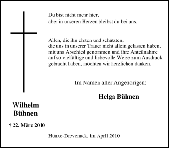 Traueranzeige von Wilhelm Bühnen von Tageszeitung