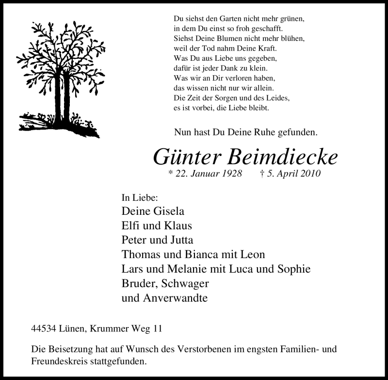  Traueranzeige für Günter Beimdiecke vom 10.04.2010 aus Tageszeitung
