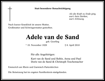 Traueranzeige von Adele van de Sand von Tageszeitung