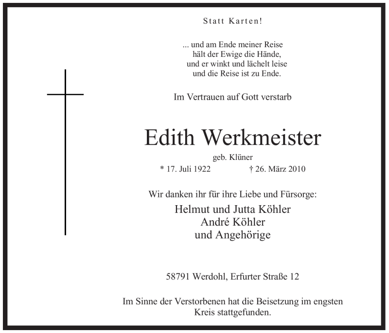 Traueranzeige für Edith Werkmeister vom 08.04.2010 aus Tageszeitung