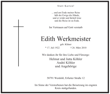 Traueranzeige von Edith Werkmeister von Tageszeitung