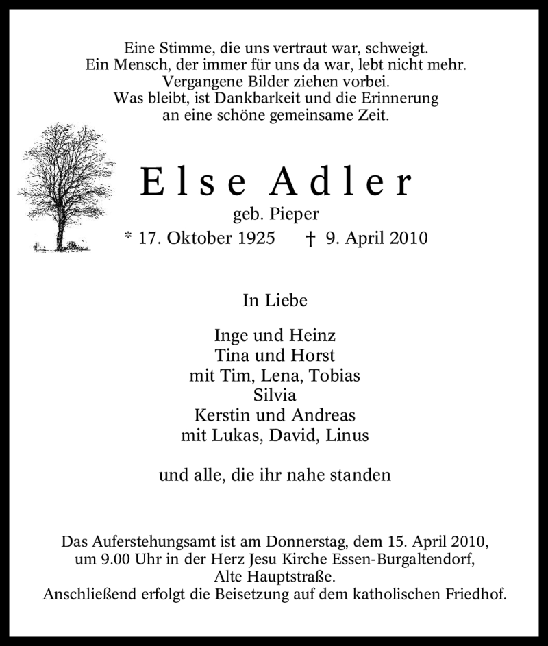  Traueranzeige für Else Adler vom 14.04.2010 aus Tageszeitung