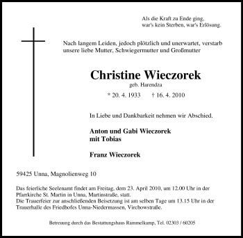 Traueranzeige von Christine Wieczorek von Tageszeitung