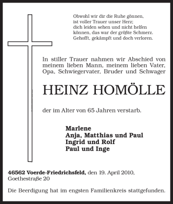 Traueranzeige von Heinz Homölle von Tageszeitung
