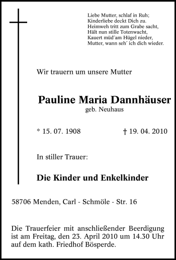 Traueranzeige von Pauline Maria Dannhäuser von Tageszeitung
