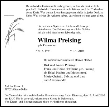 Traueranzeige von Wilma Preising von Tageszeitung