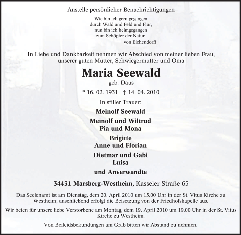  Traueranzeige für Maria Seewald vom 17.04.2010 aus Tageszeitung